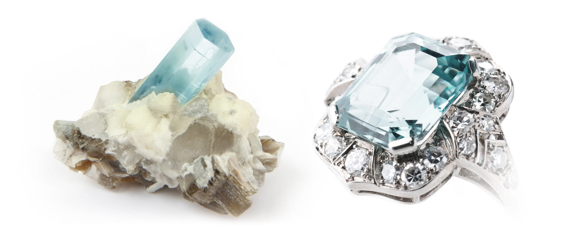 Rough aquamarine crystal in host rock, alongside a faceted aquamarine gemstone set into a ring